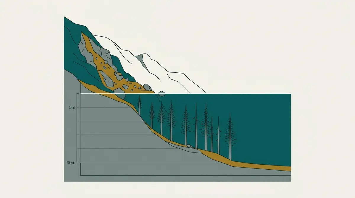 Ilustración: corte transversal del lago Traful que muestra los cipreses secos parados bajo el agua Ilustración: corte transversal del lago Traful que muestra los cipreses secos parados bajo el agua